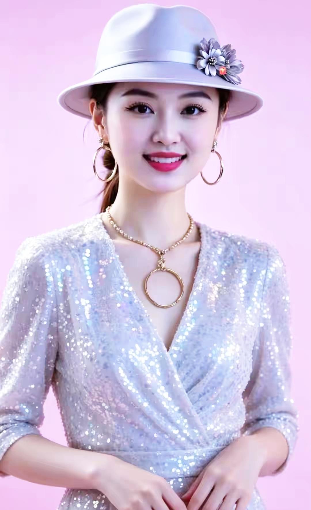 这位女士穿着闪亮的衣服，戴帽子配花，好时尚！