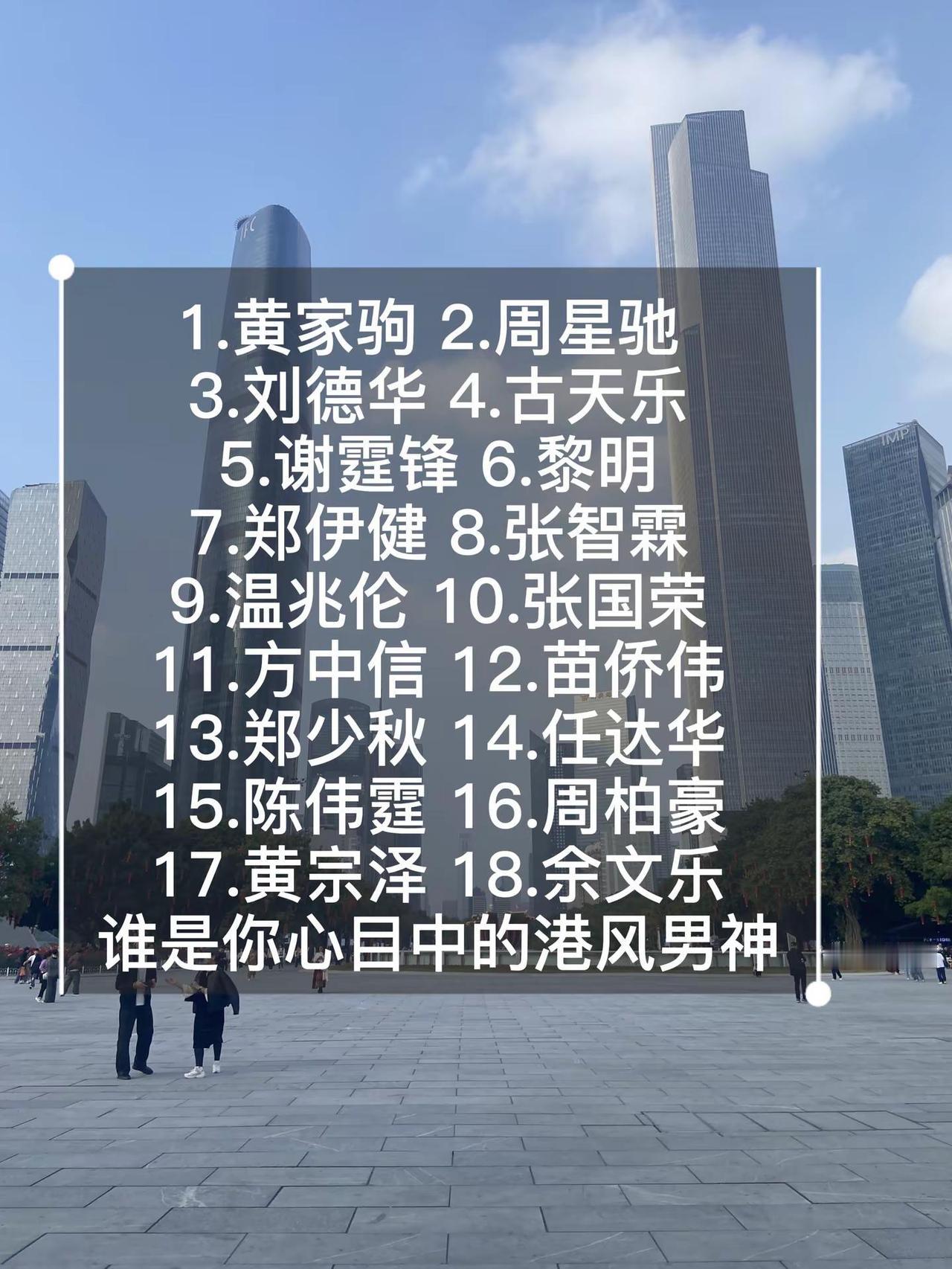 1.黄家驹2.周星驰3.刘德华4.古天乐5.谢霆锋6.黎明7.郑伊健