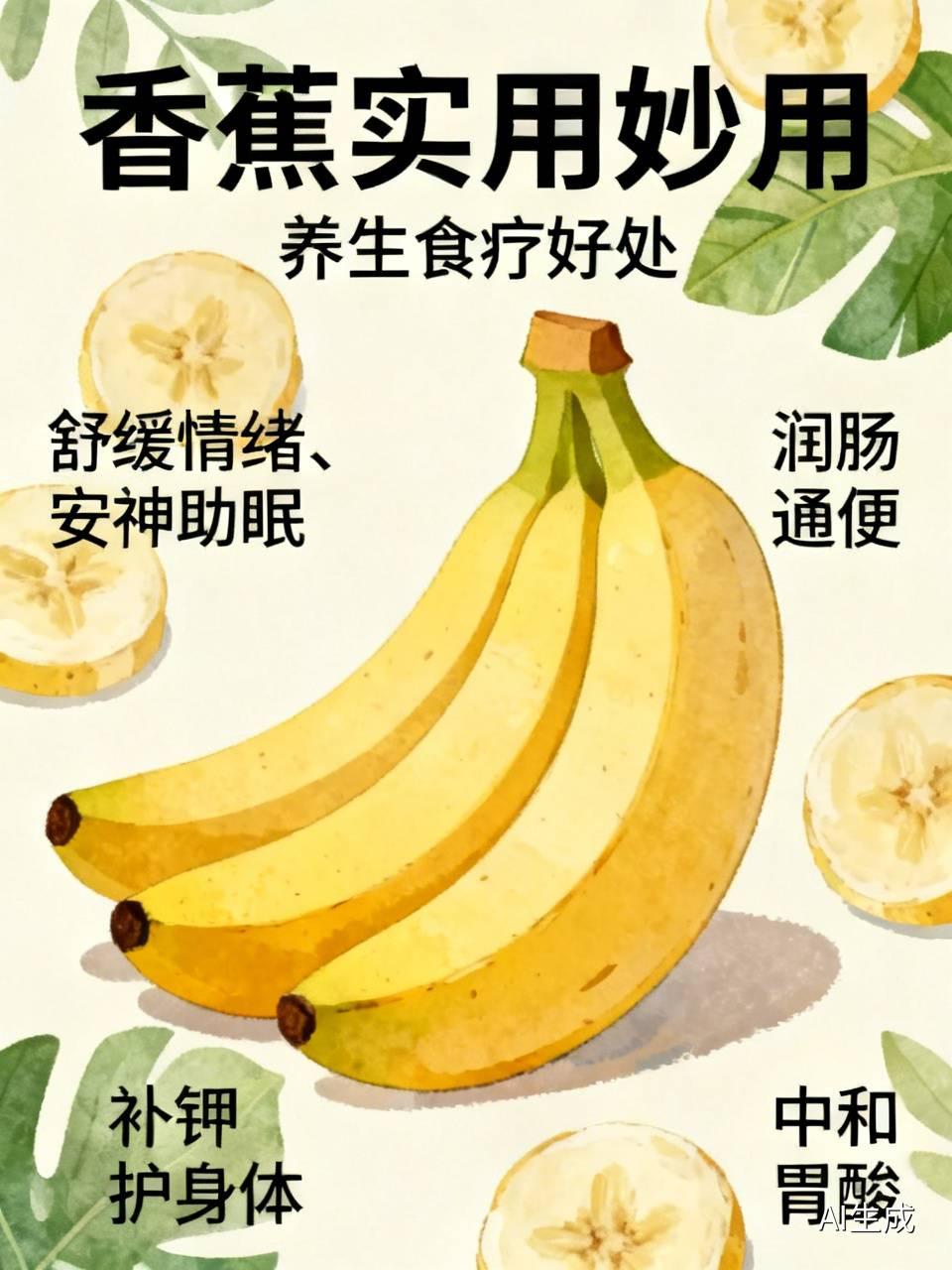 香蕉实用妙用一、养生食疗好处1. 舒缓情绪、安神助眠：富含镁元素，放