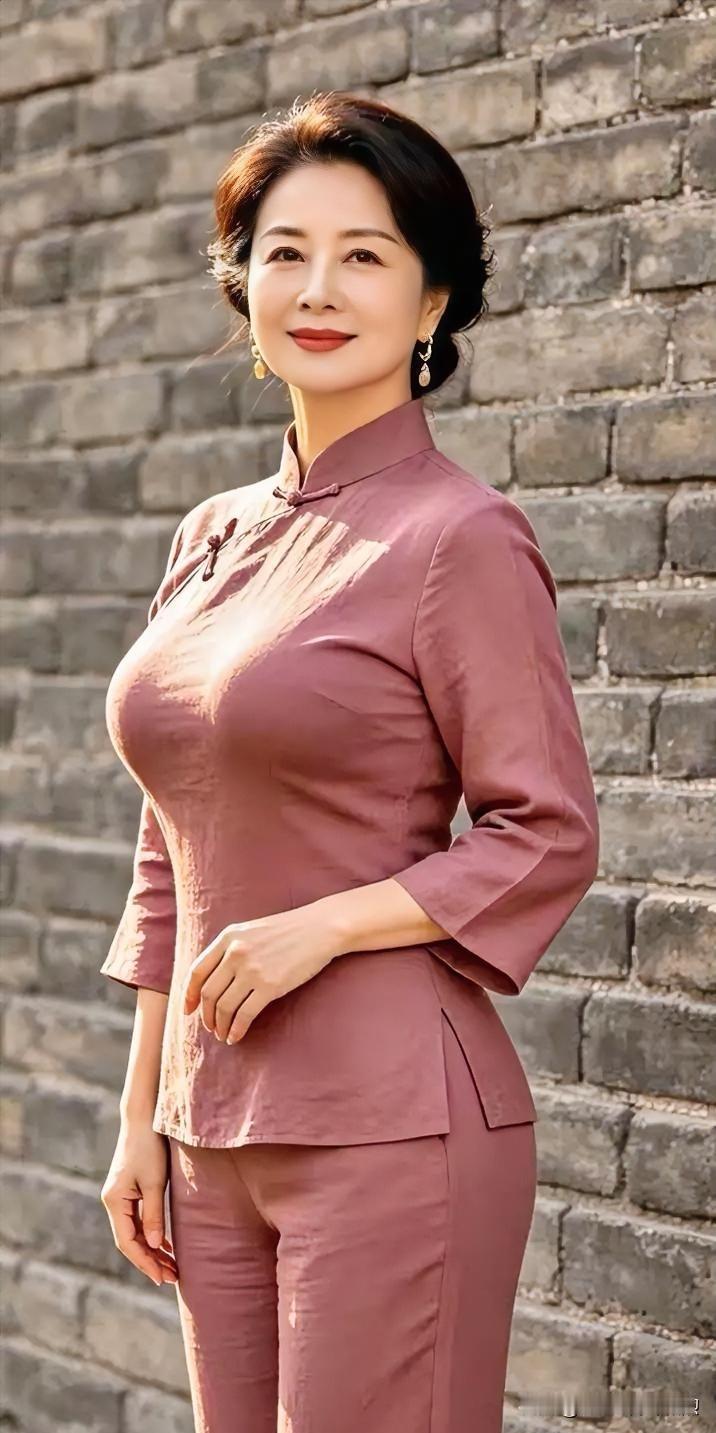 灰砖墙前，藕荷色中式套装修饰身形，盘发温婉，东方气韵于简约廓形中静静流淌。