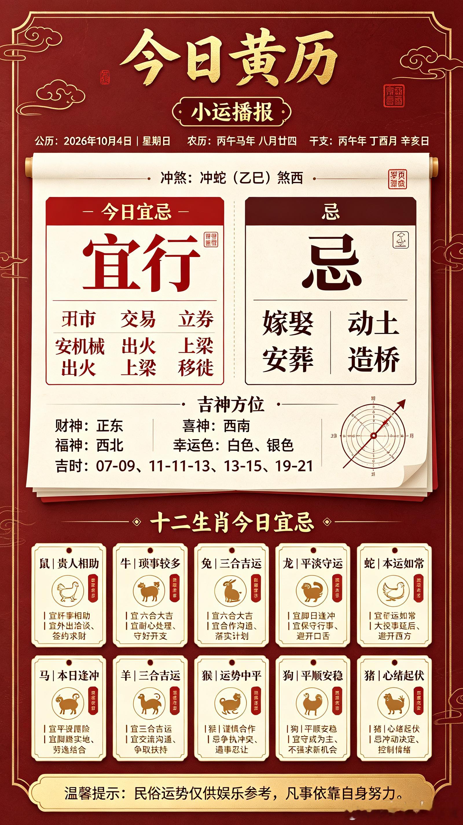 ✨小运播报公历：2026年10月4日｜星期日农历：丙午马年八月廿四干支：丙午年
