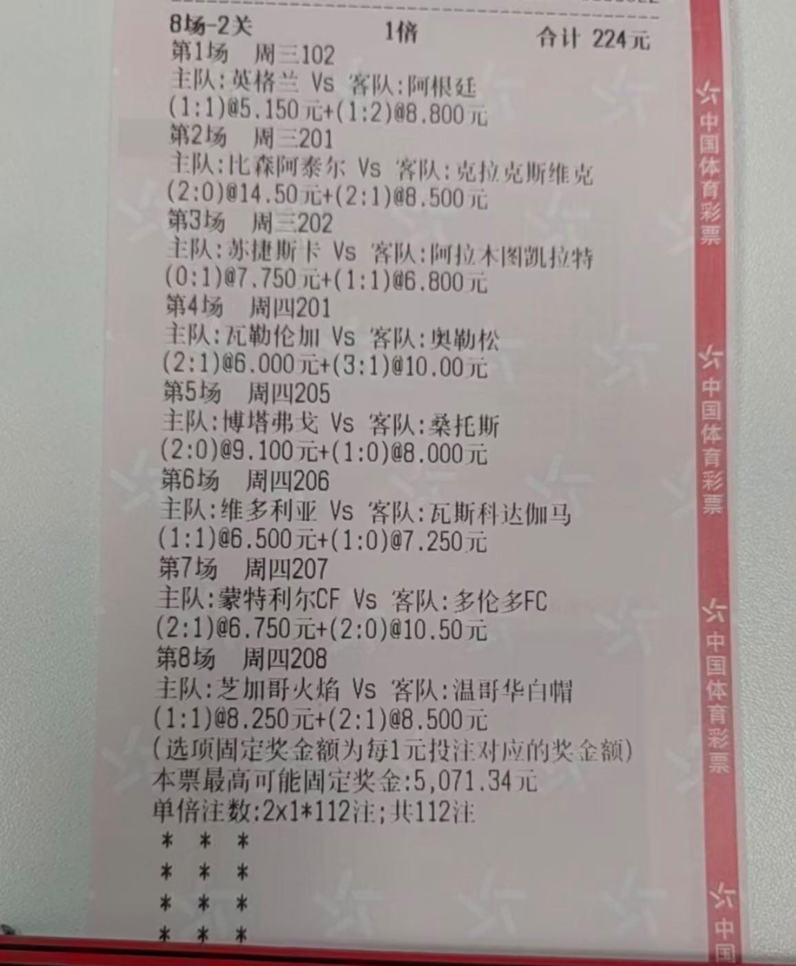 8场-2关的票，如果中7场比赛，可以中多少注奖金啊？这种玩法的彩票最难算奖金了，