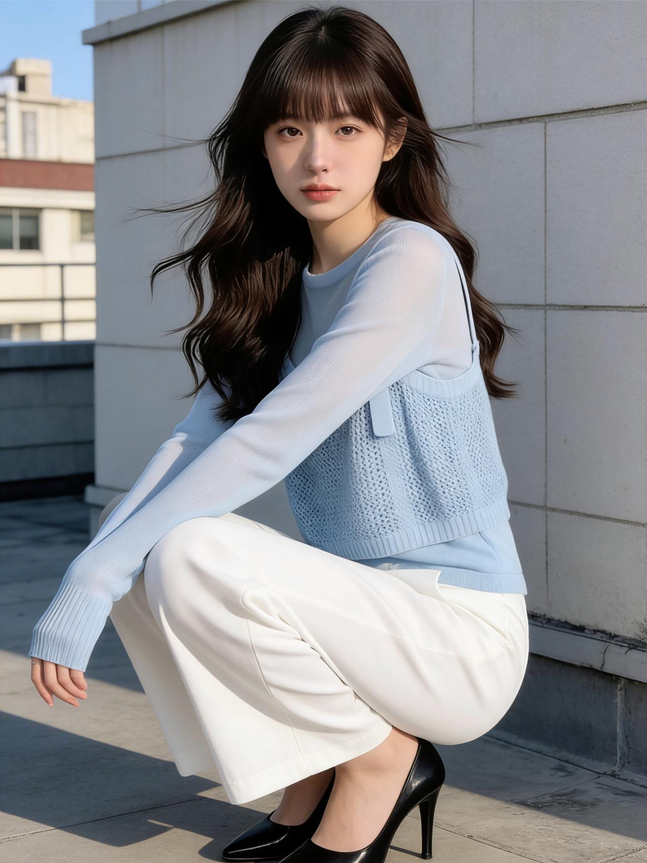 午后的阳光透过落地窗，斑驳地洒在木地板上。她静静地伫立在光影交错间，仿佛一幅定格