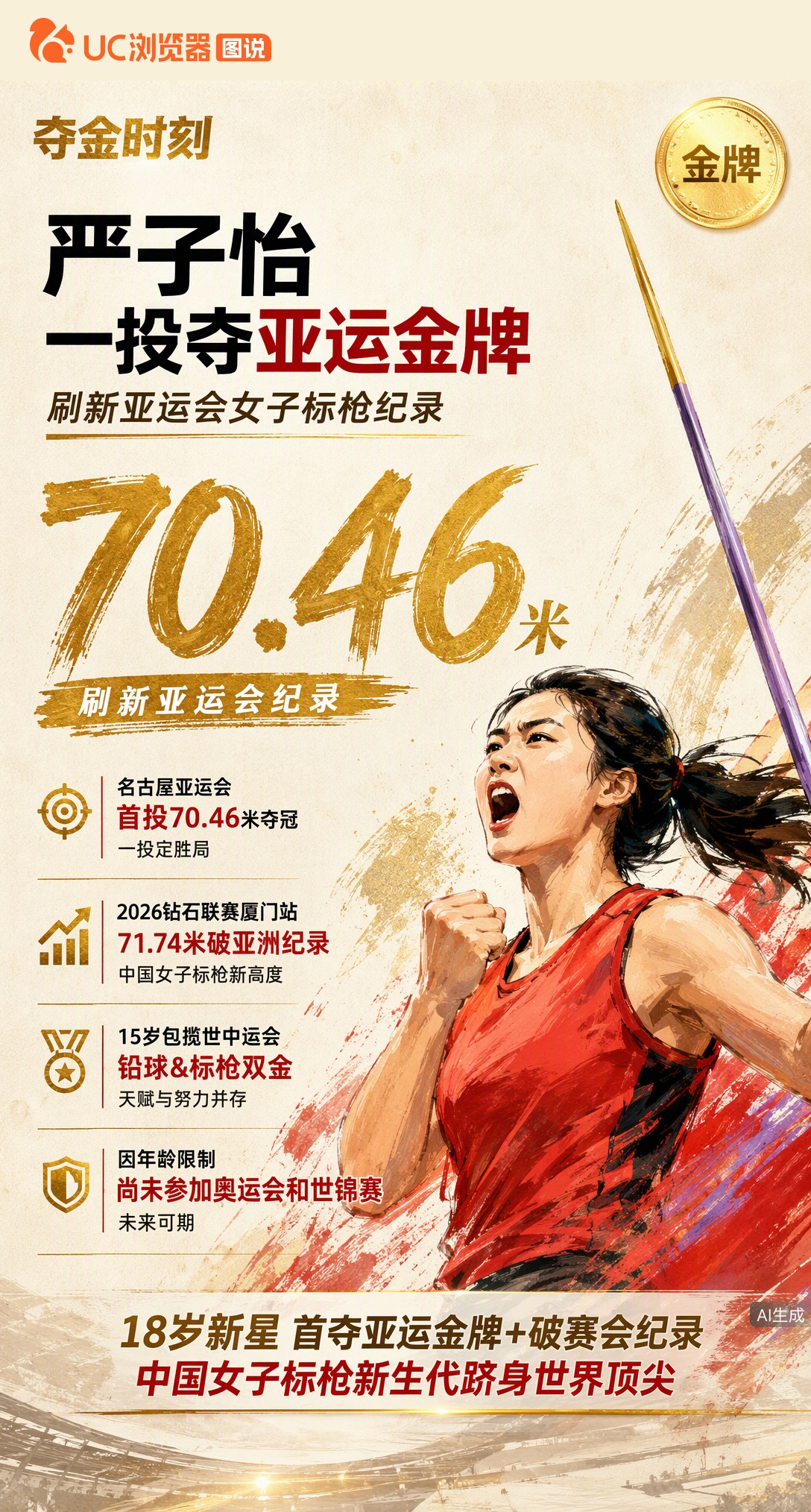 名古屋亚运女子标枪金牌落地！18岁严子怡首投70米46夺冠，一举刷新赛会纪录。今年刚破亚洲纪录的她，