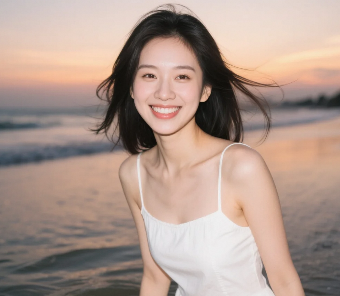 夏日活力四射，她的白裙在落日下格外吸睛