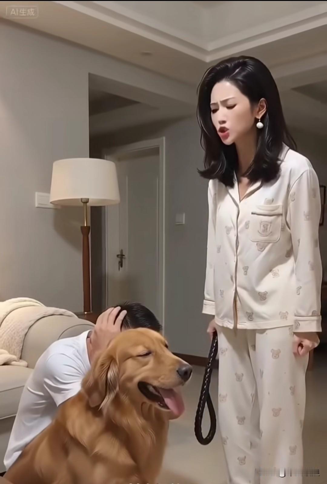 女主人手持鞭子，怒声责骂丈夫和金毛，称它们整天就知道玩耍，家里的事一概不管，罚他