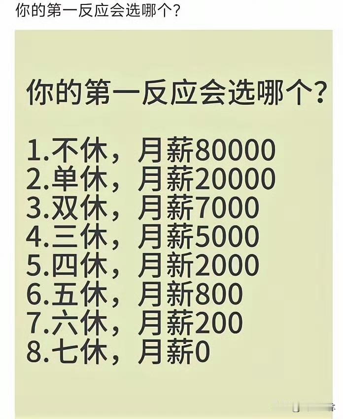 第一反应你会选哪一个？要我直接不休上一个月，能抵双休干11个月了
