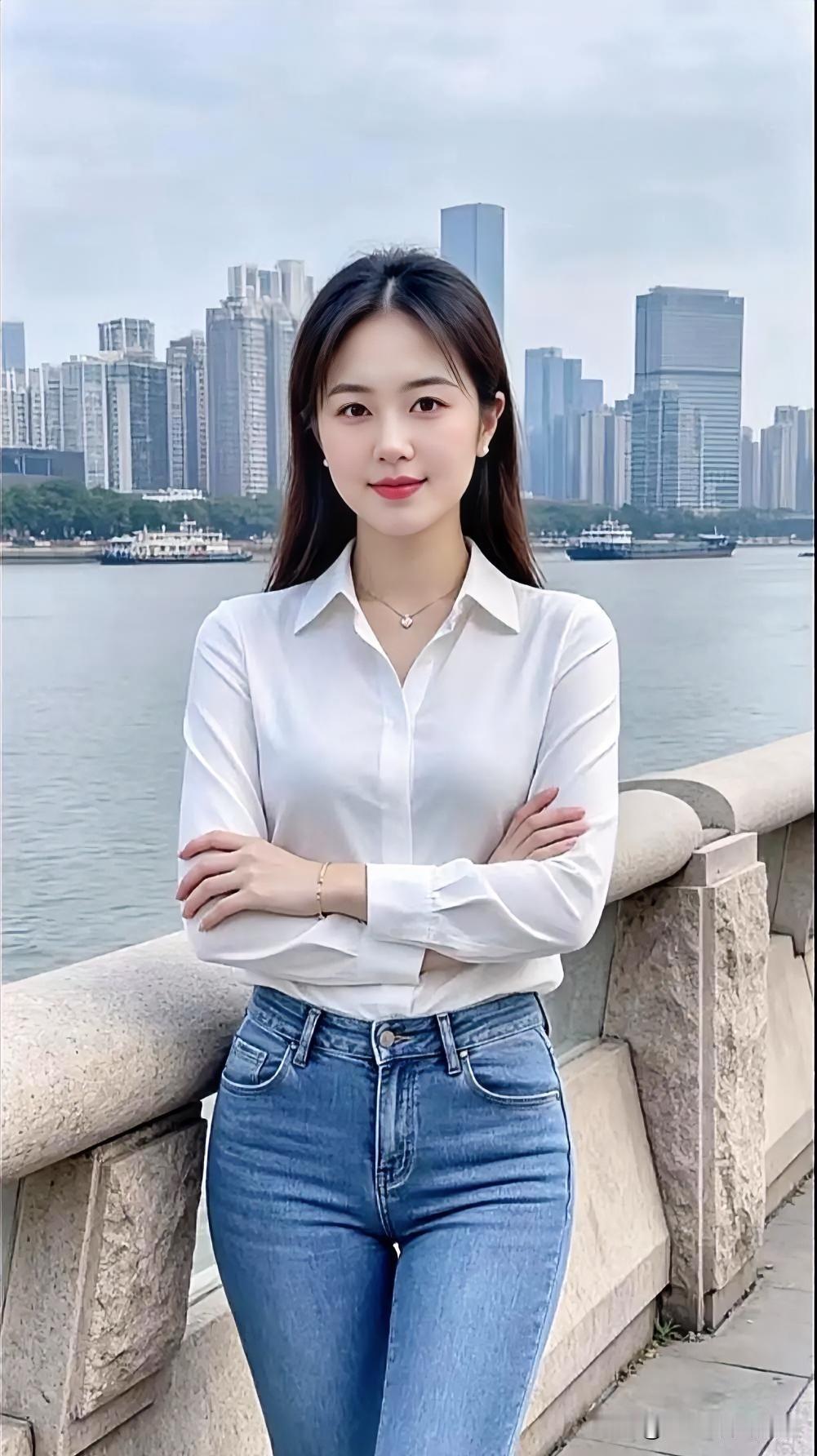 江畔白衫蓝裤简约清爽，自信从容倚栏杆，都市天际线映衬，尽显独立优雅之美。