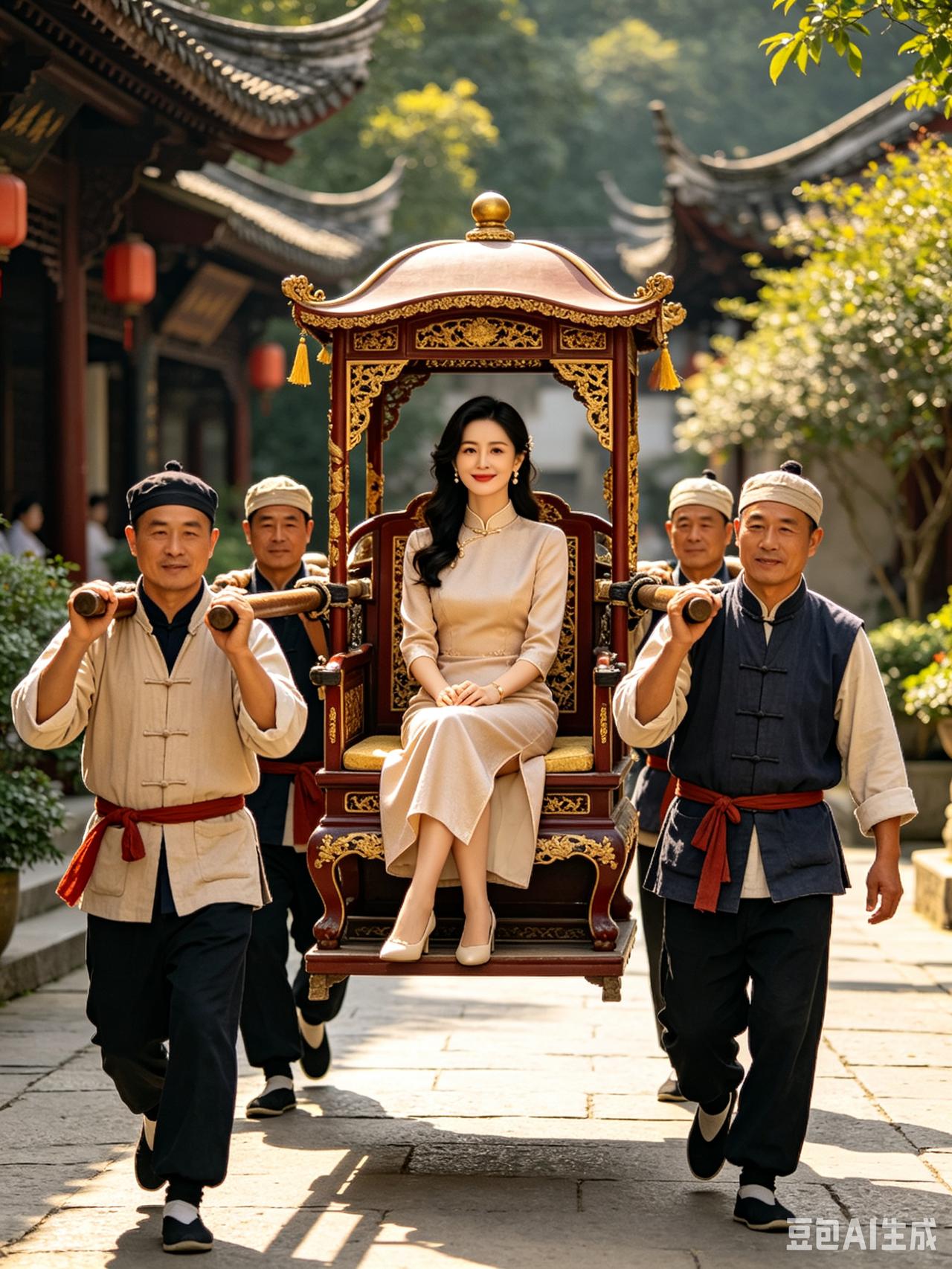 游春锦衣绣椅步从容，翠岭晴光映玉容。一路笙歌随左右，春风得意笑谈中。