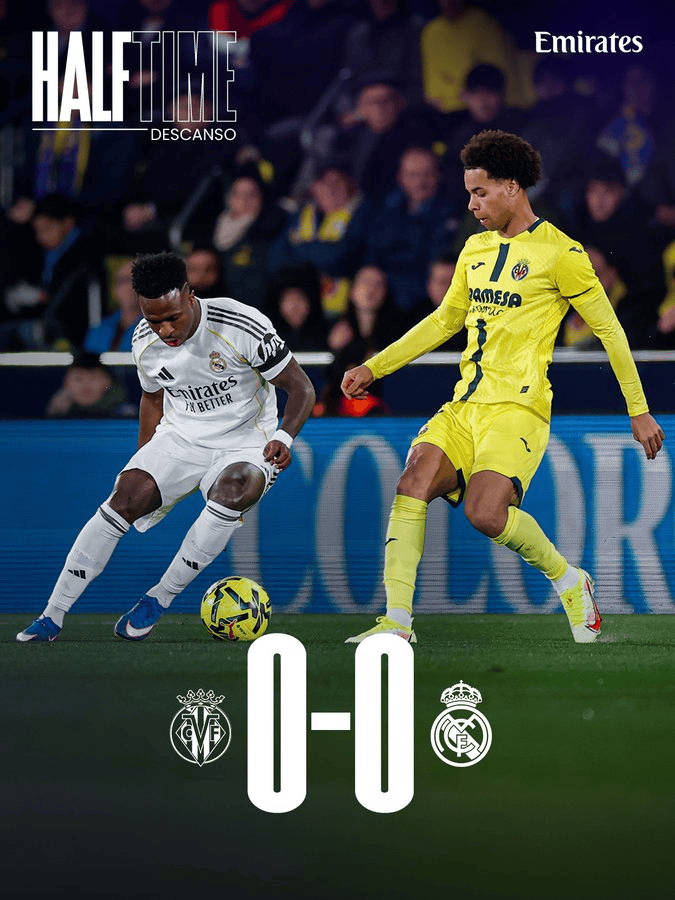 比利亚雷亚尔0-0皇马半场数据: 控球率43%-57%, 射正0-2