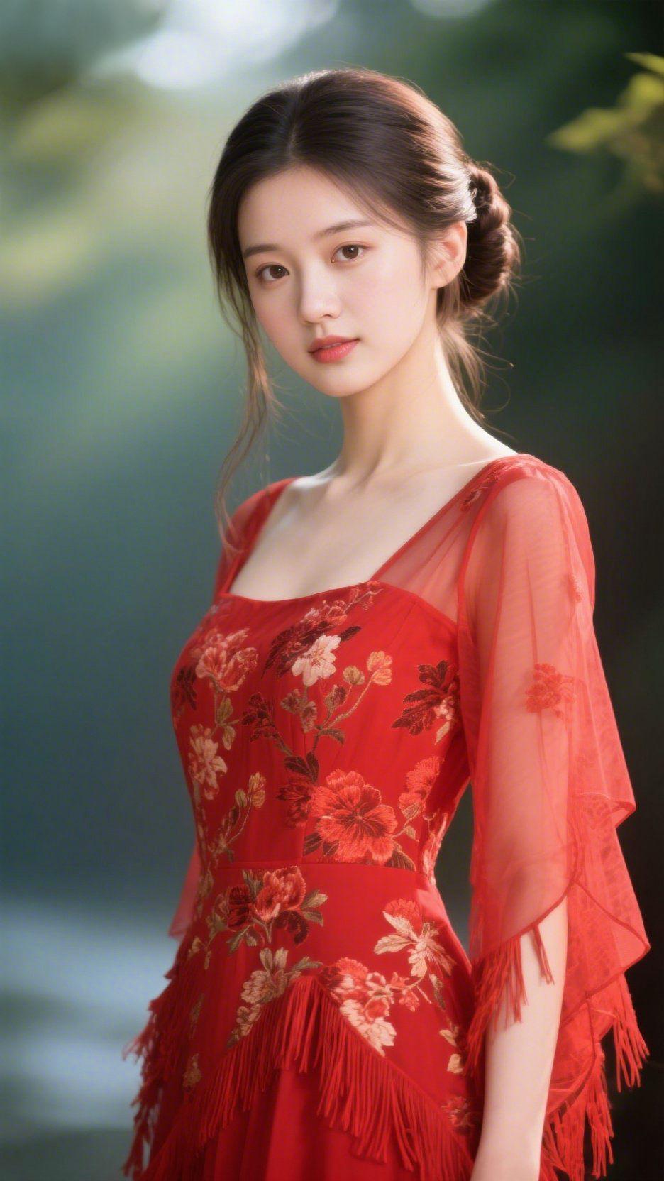 红裙映清川一袭红裙揽清风，几缕薄纱绕肩头。她立于清川之畔，鬓边青丝轻绾，眉