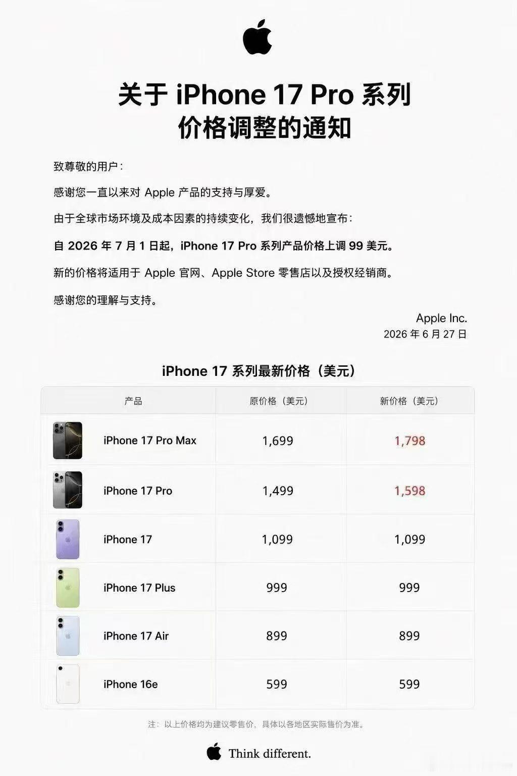 苹果官宣iPhone17Pro系列涨价，自7月1日起，Pro系列产品上调99美