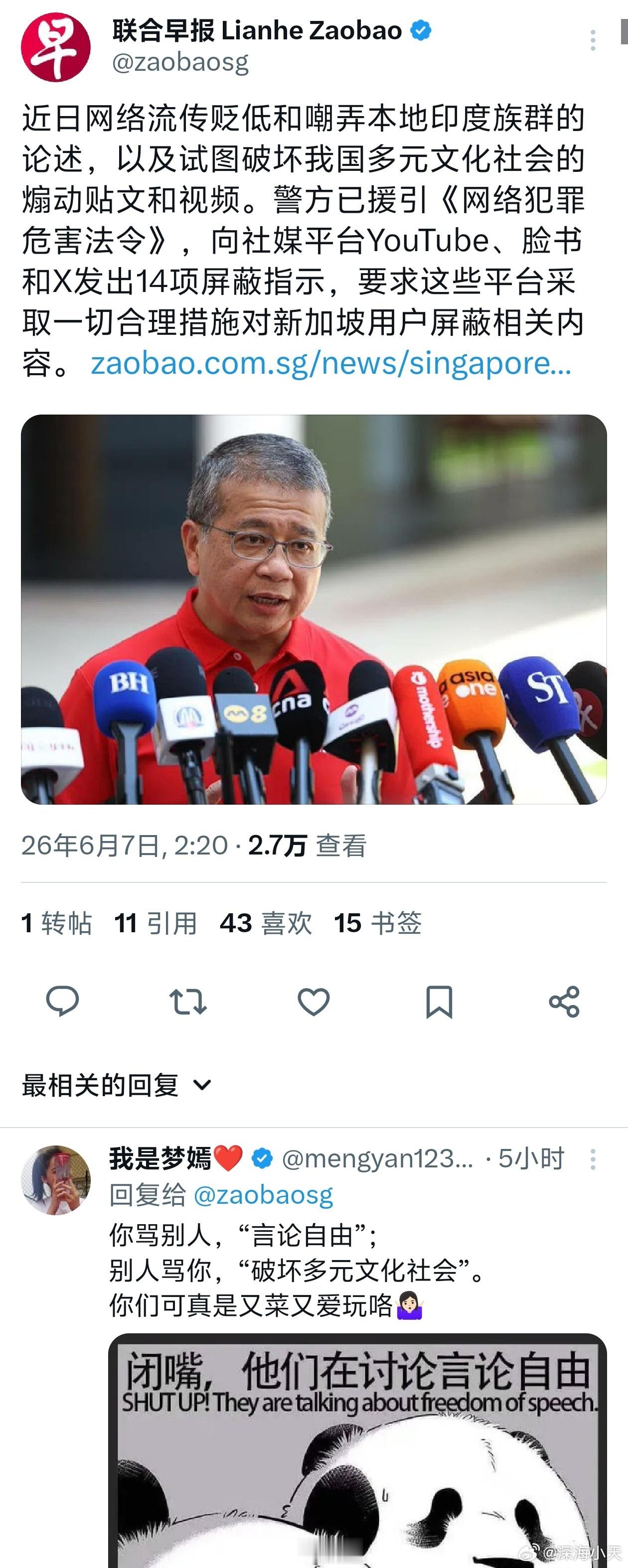 对给阿嬷的情书高度警惕的新加坡，近来在严打“反印”言论，并且要求脸书、油管、推