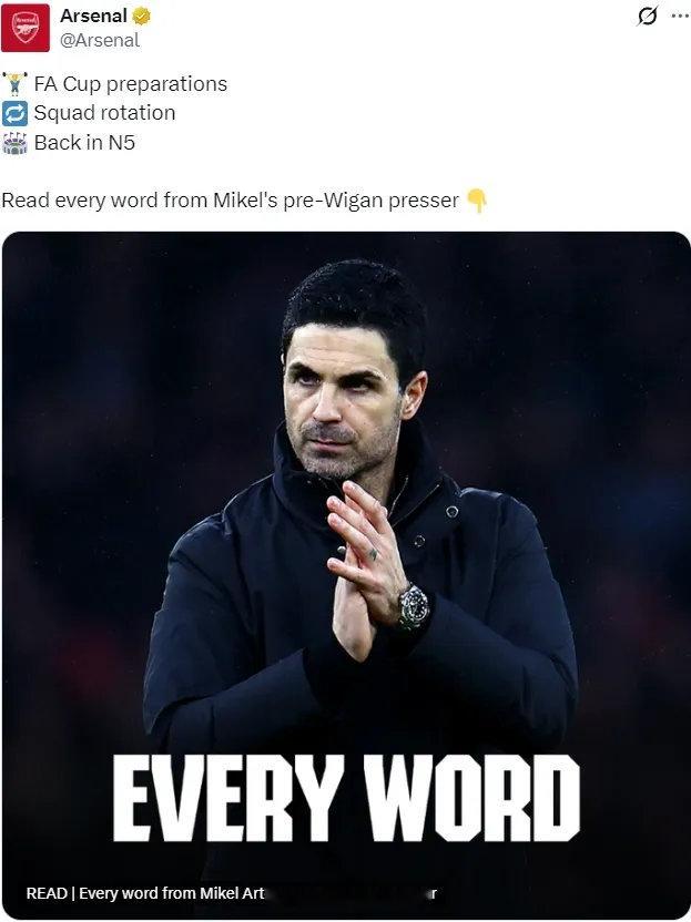 阿尔特塔出席了赛前新闻发布会，我们简要看下阿森纳主帅的发言。对维冈的比赛是不是埃