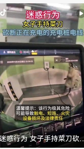 疯了？女子持菜刀狂砍通电充电桩，这操作堪比玩命！绍兴一停车场惊现惊悚名场面