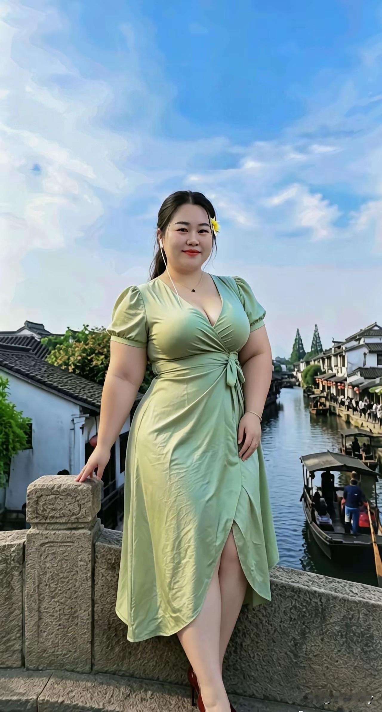 碧波荡漾处，佳人倚栏杆。