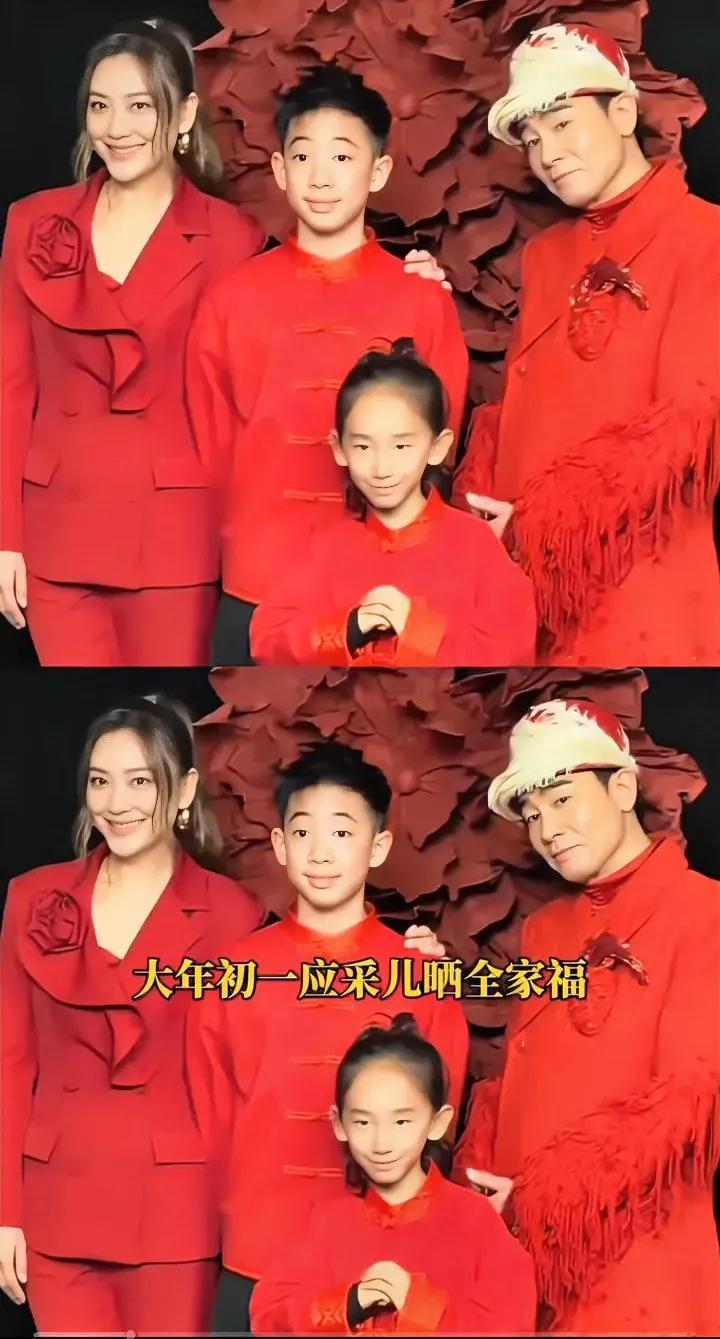 应采儿晒一家四口新年花絮，一家四口拍照，父子三人直接三连复制粘贴：单眼皮、笑