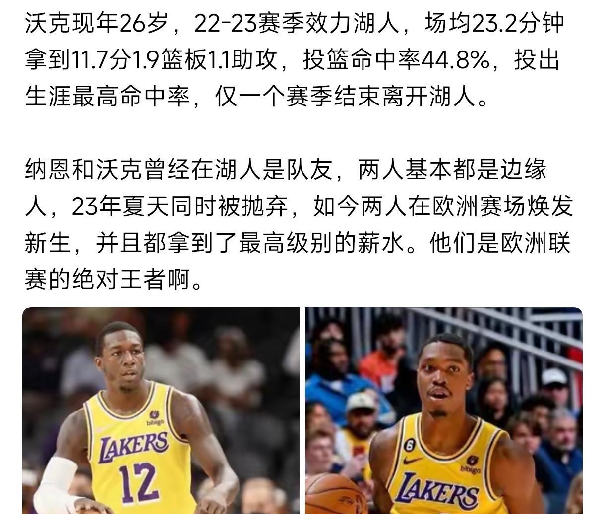 朗尼沃克是湖人放走的第二遗珠，当年在詹眉身边还能打出场均11.7分，特别是打
