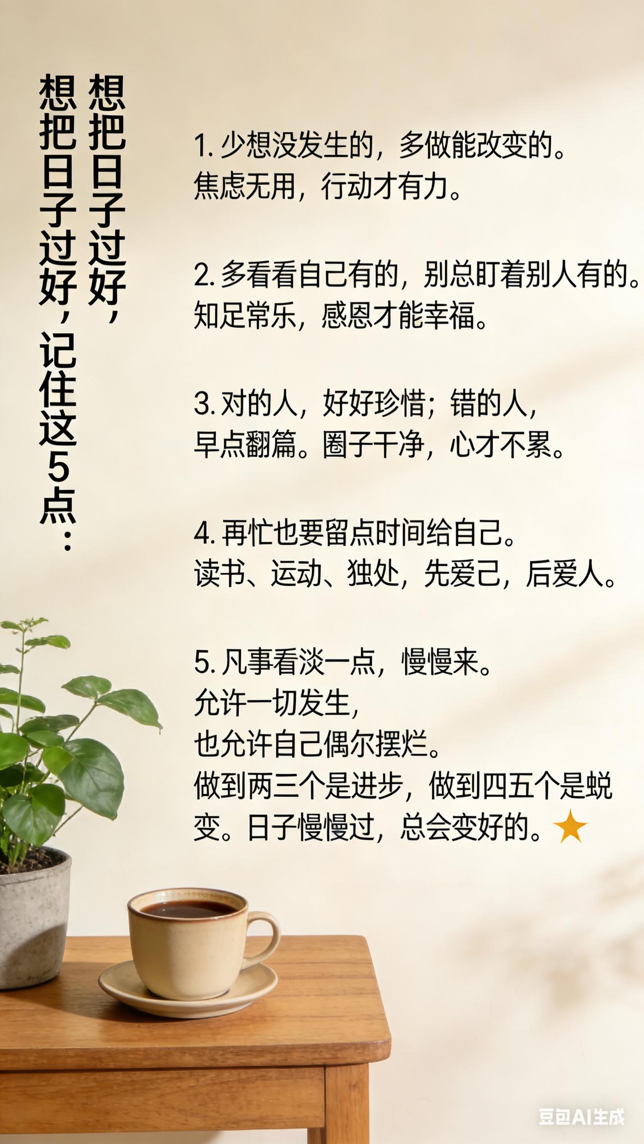 想把日子过好，记住这5点：1.少想没发生的，多做能改变的。焦虑无用，行动