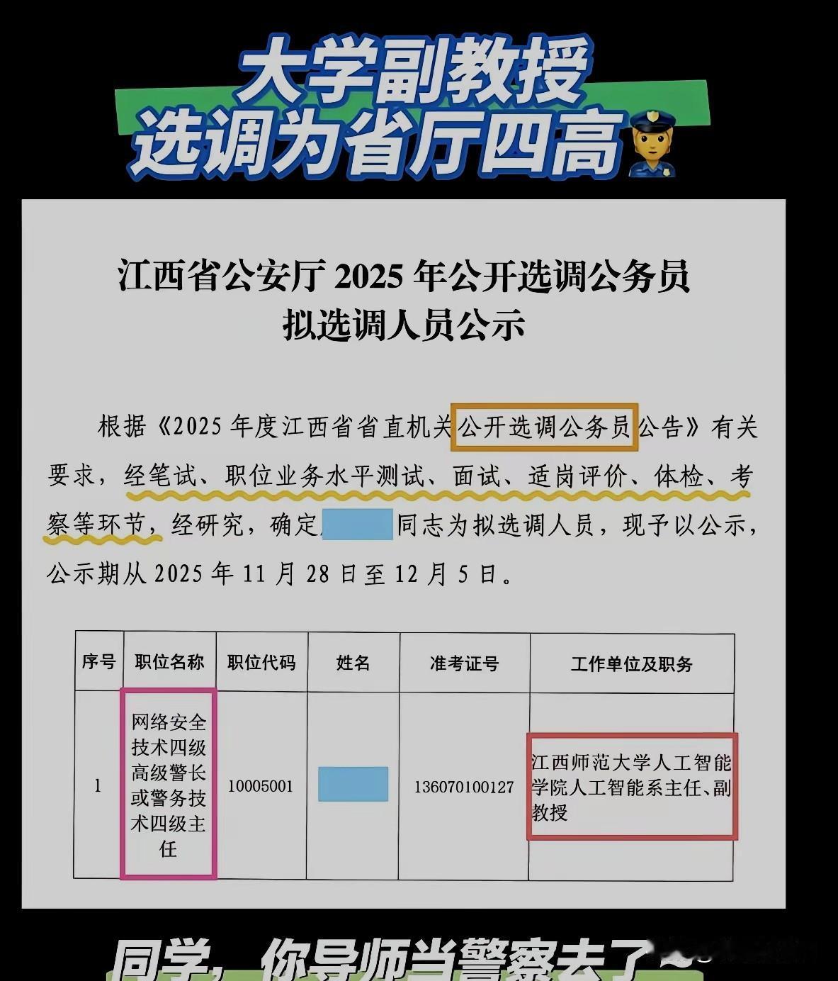 同学们，你的导师去当警察了！大家说说：大学副教授改行干警察，这个选择值不值啊？