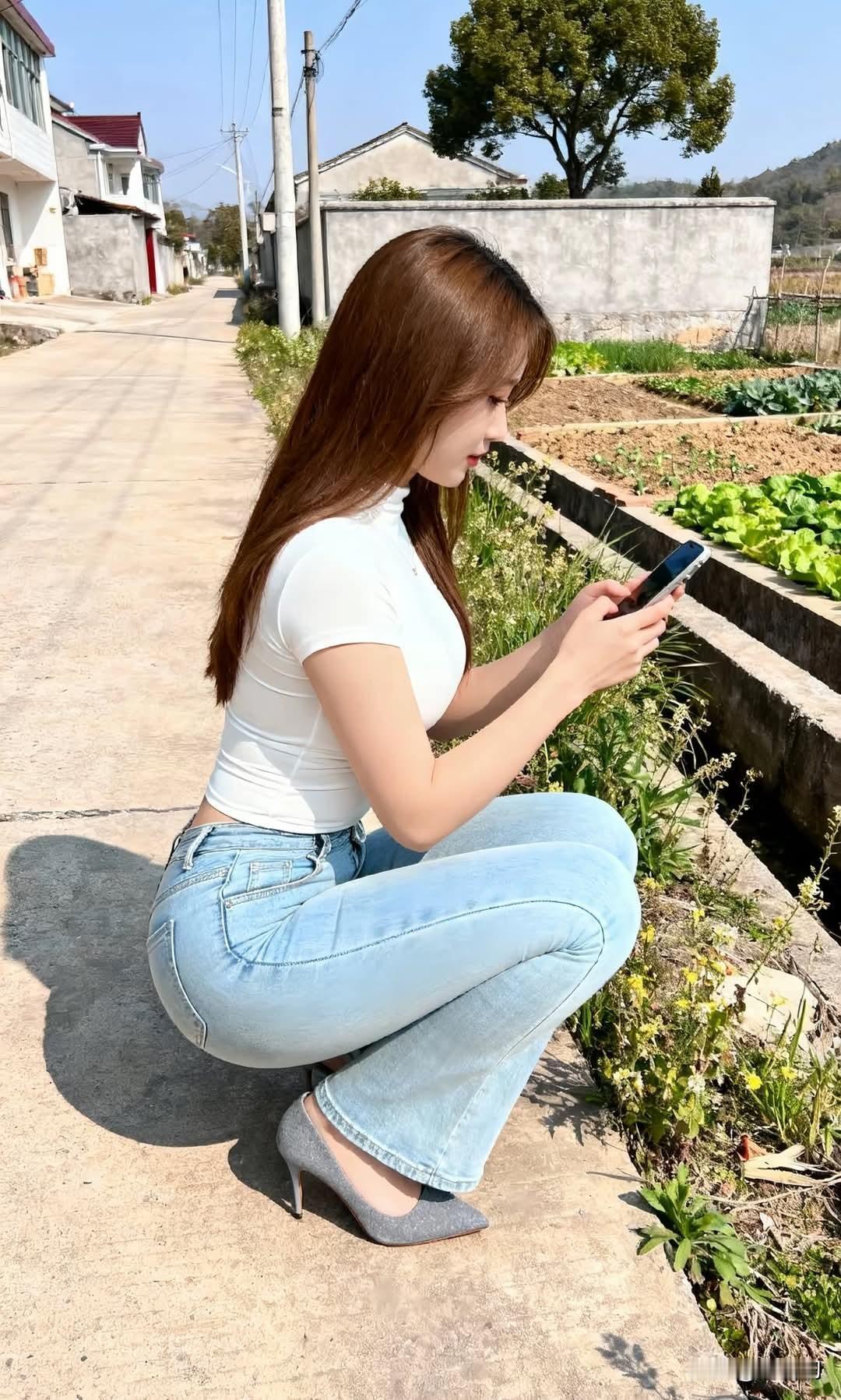 《村径晴光》晴村巷陌草初薰，素衽轻裁晓日温。蓝裾曳地沾晨露，玉履生香印软尘。