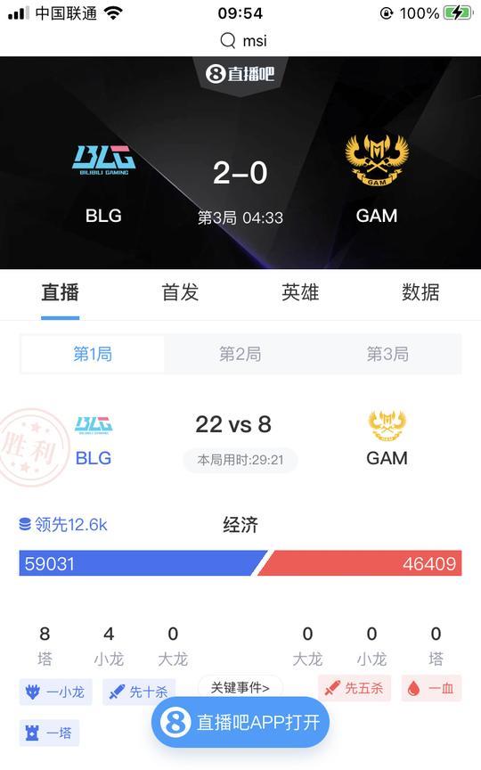 BIN哥先被单杀再一打二双杀入围赛BLG第一局轻松地拿下MSI：BLG对战G