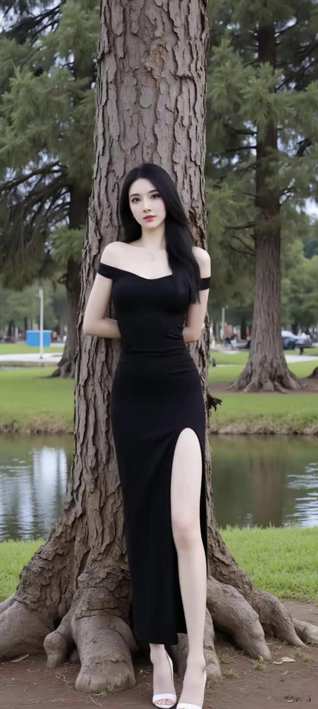 美图欣赏，看图写诗《湖畔佳人》黑裙湖畔立，树影共清姿。露肩风华展，长