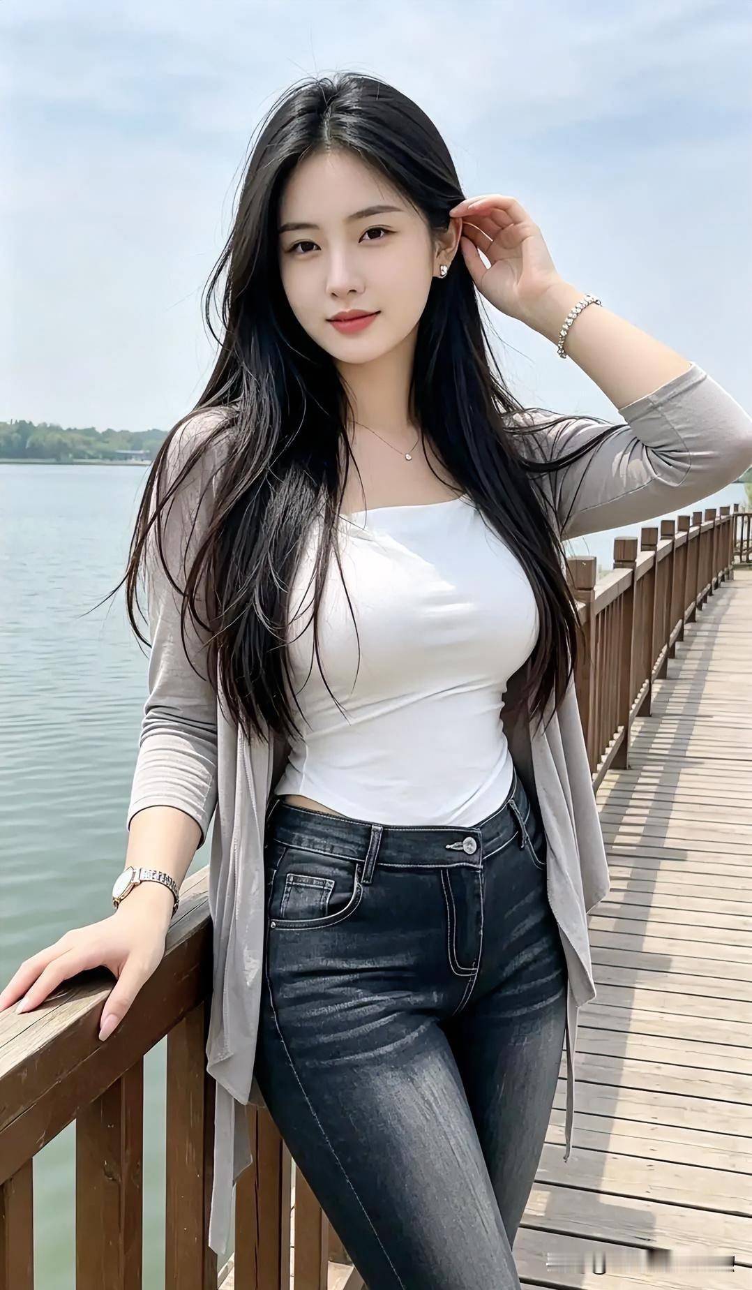 湖畔长廊沐晴光，素衣牛仔映清江。云鬓轻撩风自语，回眸一瞬韵悠长。闲倚栏杆