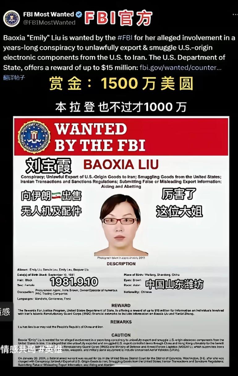 美国FBI悬赏1500万美元找刘宝霞，当初悬赏本拉登，也不过才1000万美元刘