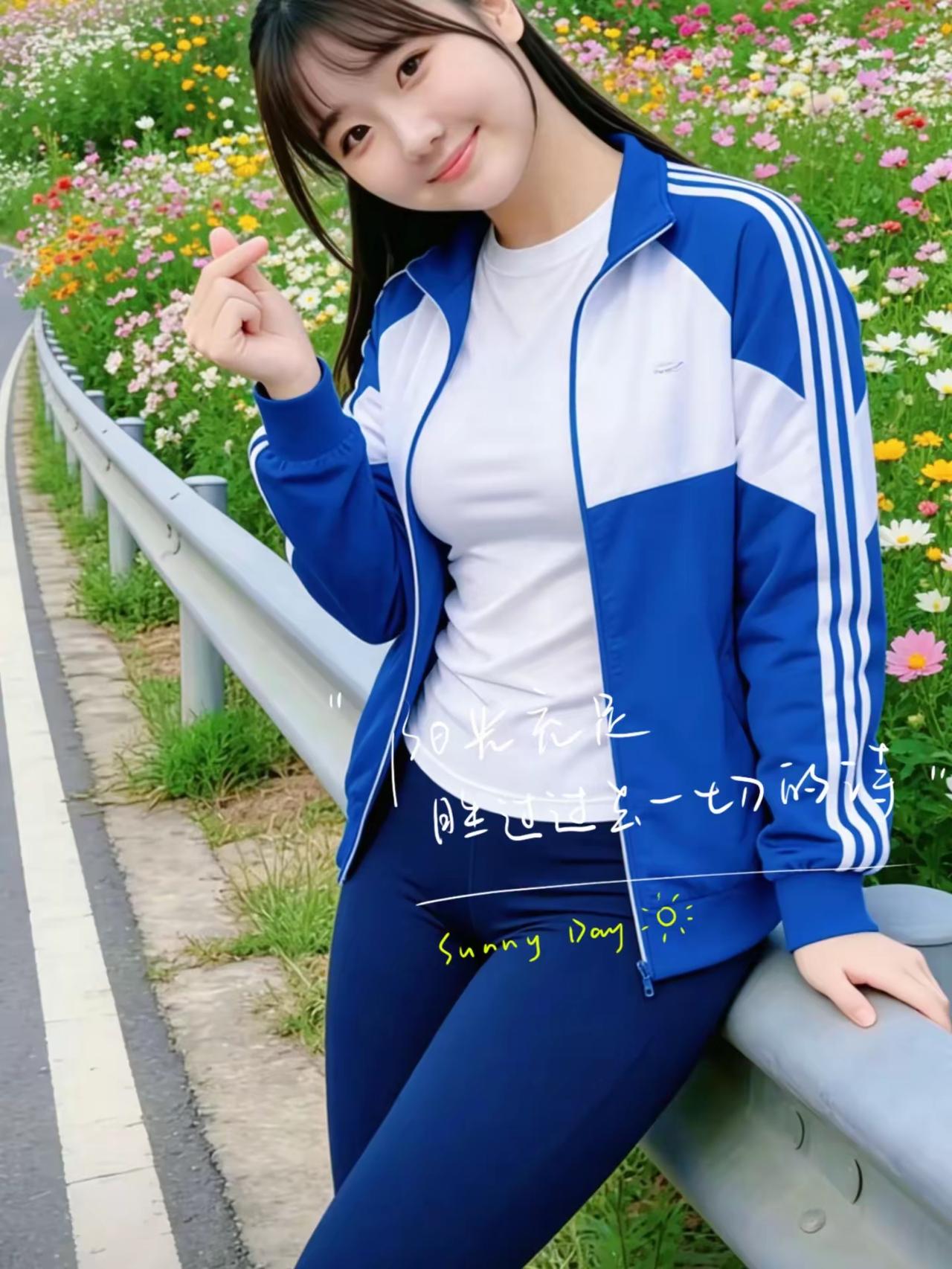 阳光明媚的一天，花海中的少女微笑