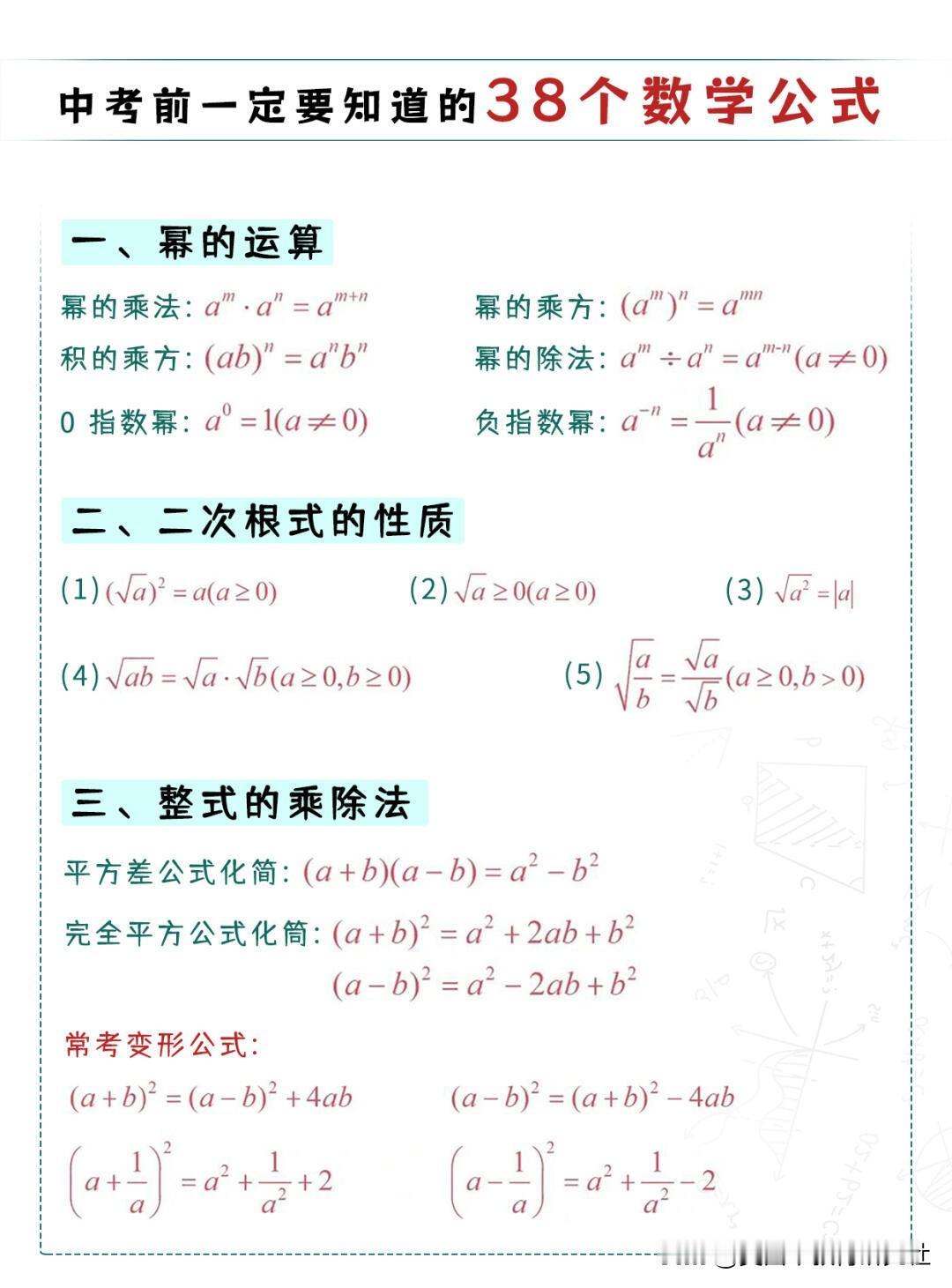 【中考前，这些数学公式要记牢划重点！】这些公式拿图直接背，有助于更快速的解题！