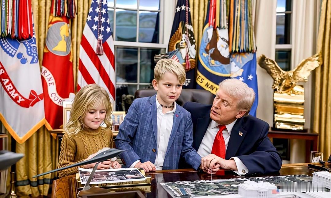 特朗普的孙女.孙子在他的总统办公室玩。桌子上摆着白宫的模型，想必他在给孙子讲他是