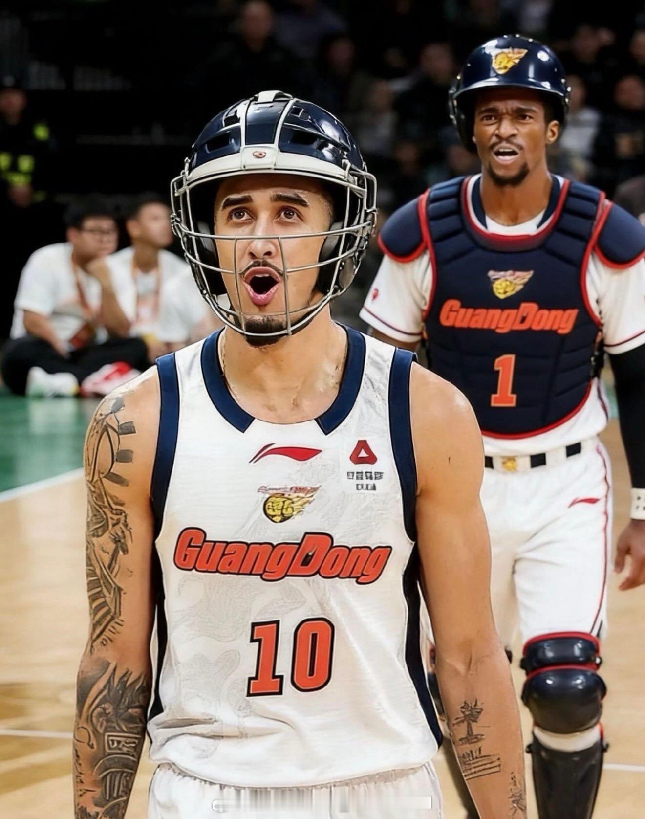 这有意思了，广东宏远外援奎因和萨姆纳在社交媒体上分享自己带安全帽的照片，在对阵山