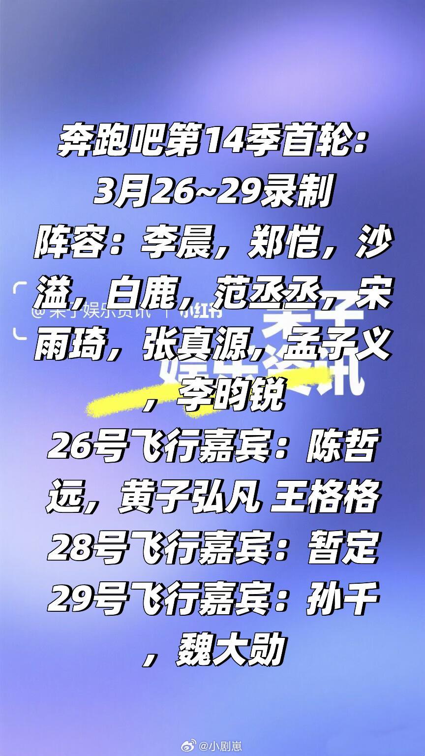 奔跑吧奔跑吧第14季首轮:3月26~29录制🍠阵容：李晨，郑恺，沙溢，白鹿，范
