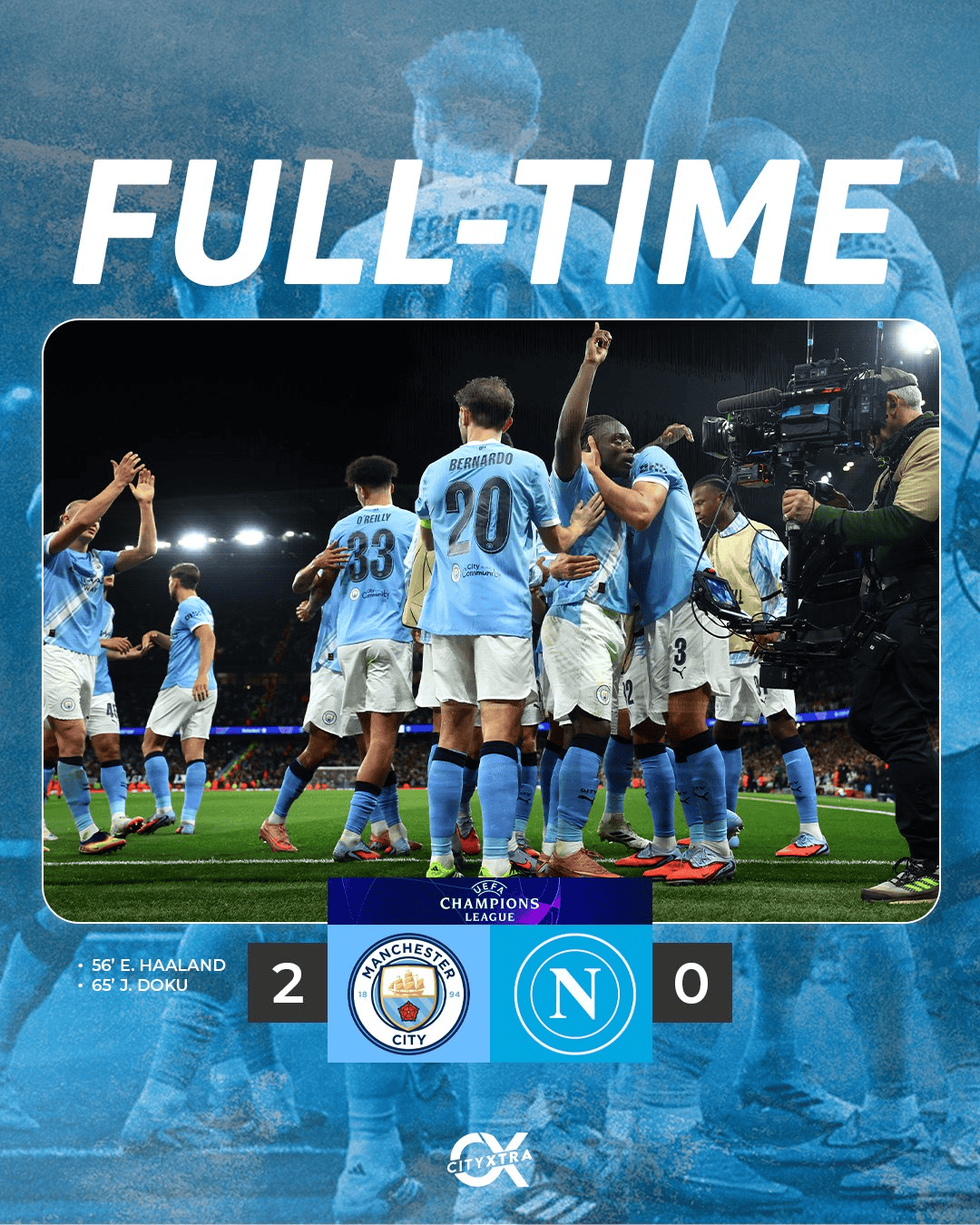曼城2-0那不勒斯全场数据: 射门23-1, 射正8-1, 良机2-1