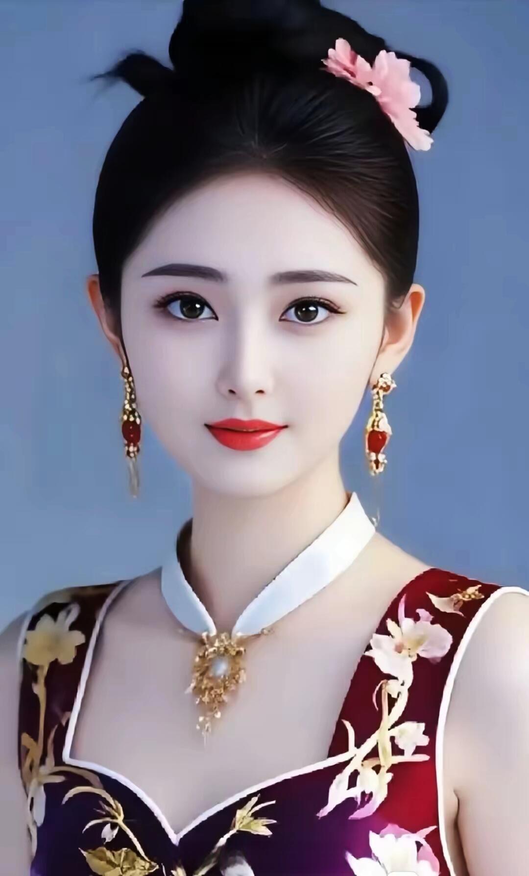 优雅古风美人，红唇与花簪相映成趣，尽显古典韵味。