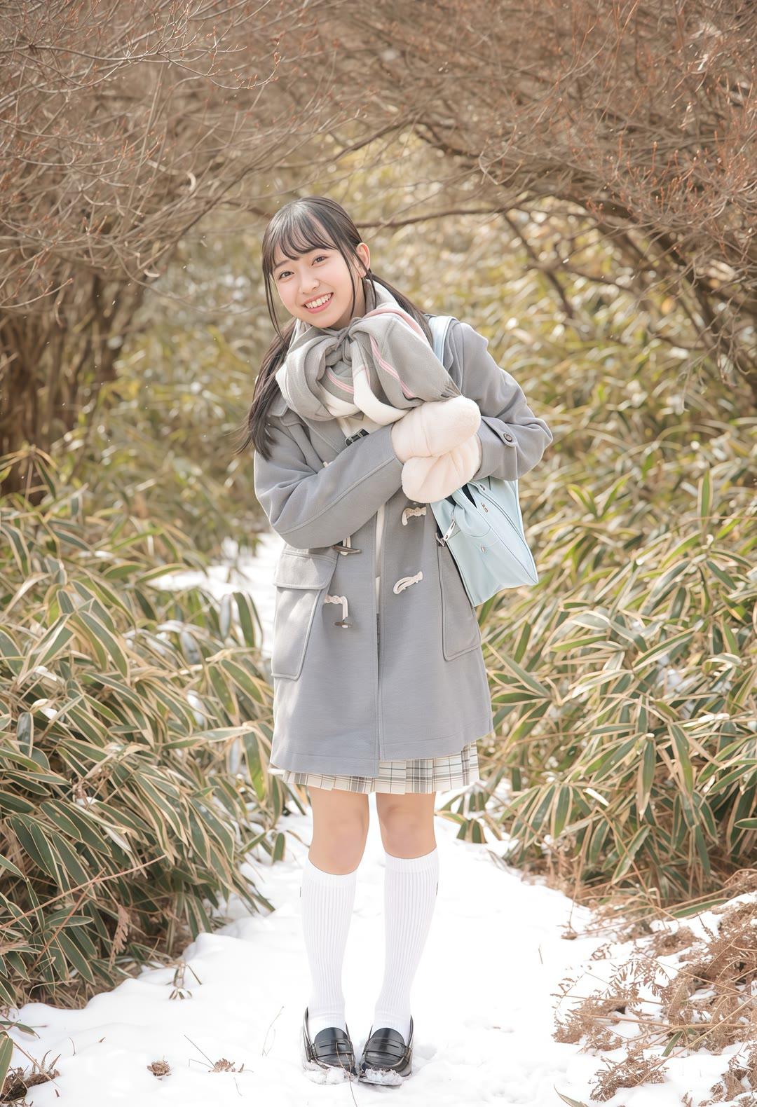 冬日暖阳下，少女漫步在雪地中，笑容如花般绽放。