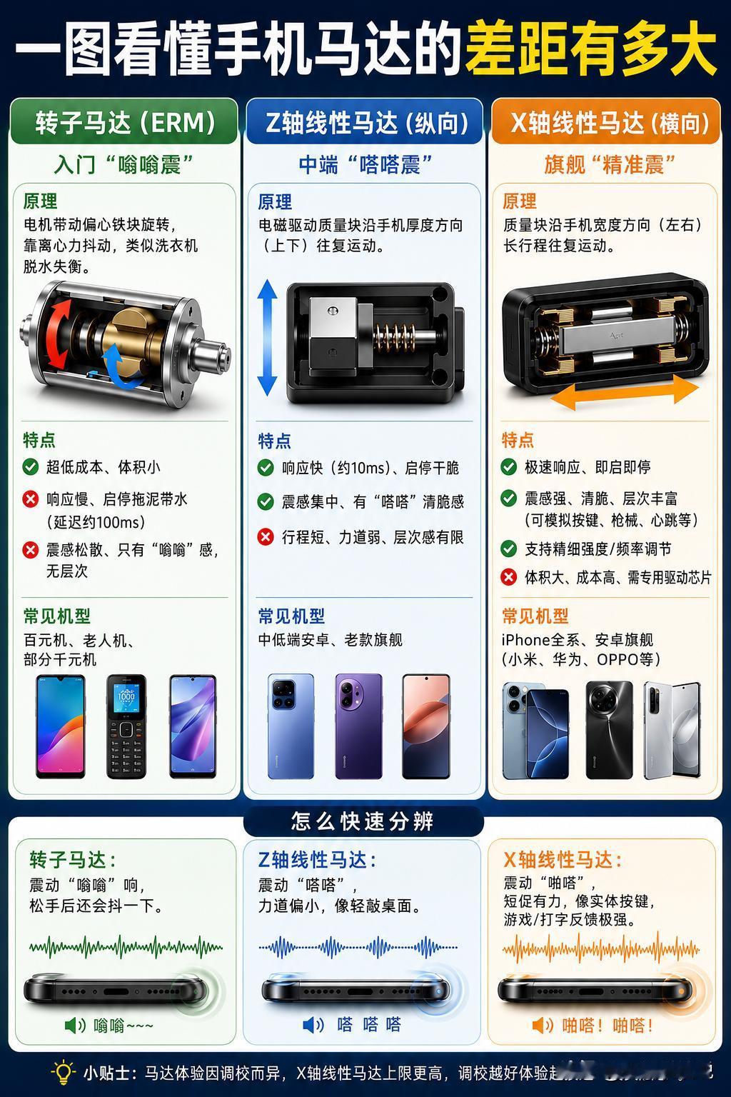 一图看懂手机马达的差距到底有多大！手机马达这玩意儿，平时虽然看不见摸不着，但