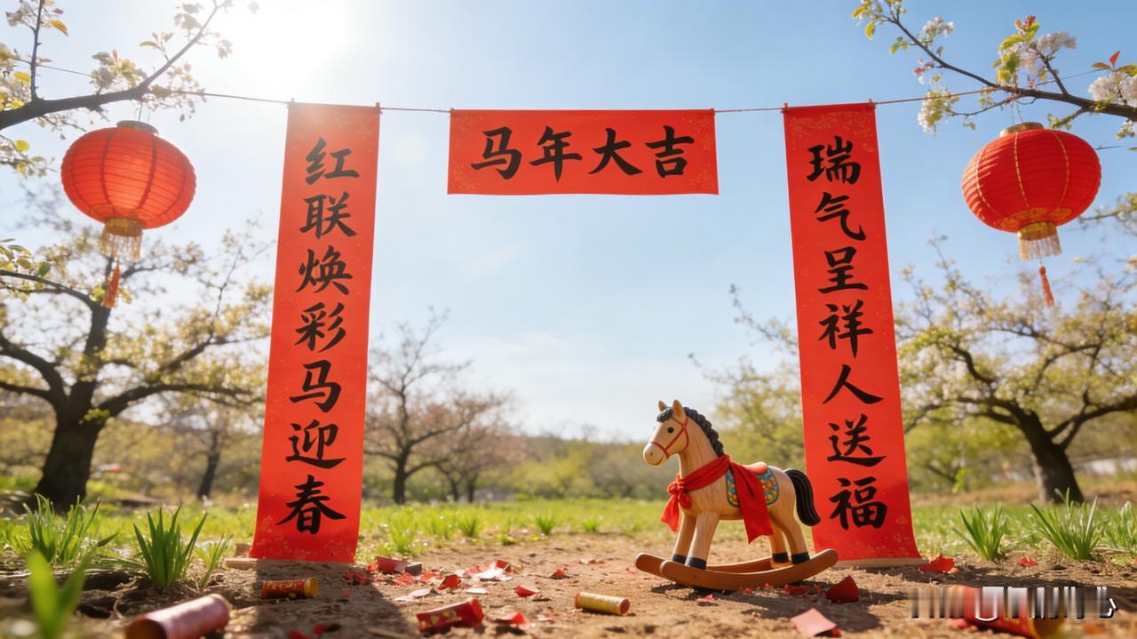 上联:红联焕彩马迎春，下联:翠柳摇凤燕报春。这副对联以双春景相呼应，上联以春