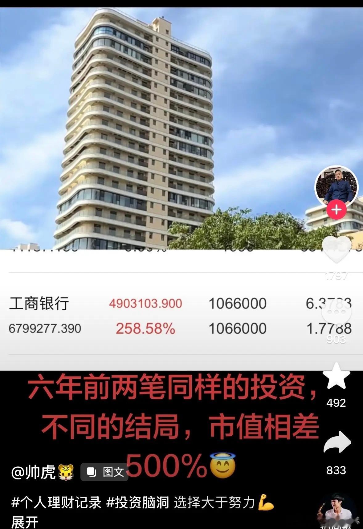 有个博主六年前花一百多万买了工商银行的股票，同时也花了一百多万买了一套房子。六年