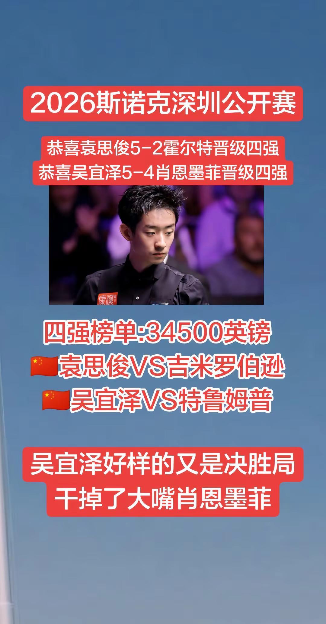 2026斯诺克深圳公开赛！恭喜袁思俊吴宜泽双双晋级四强！