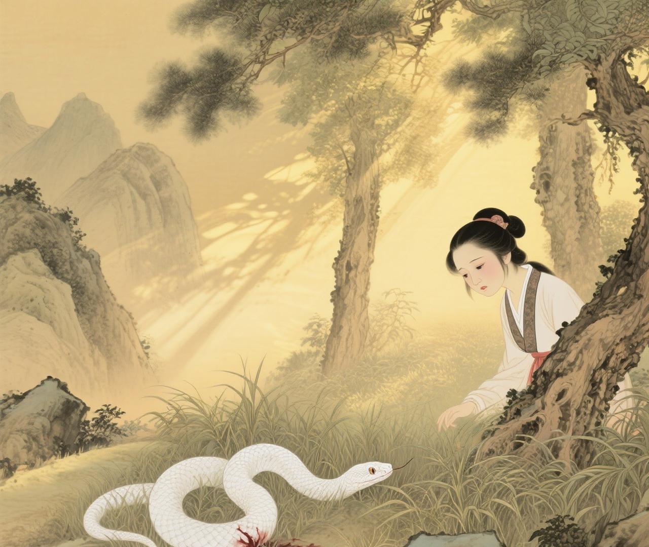 民间故事：寡妇与白蛇的传奇之缘从前，在一个偏僻宁静的小山村，生活着一位心地纯善