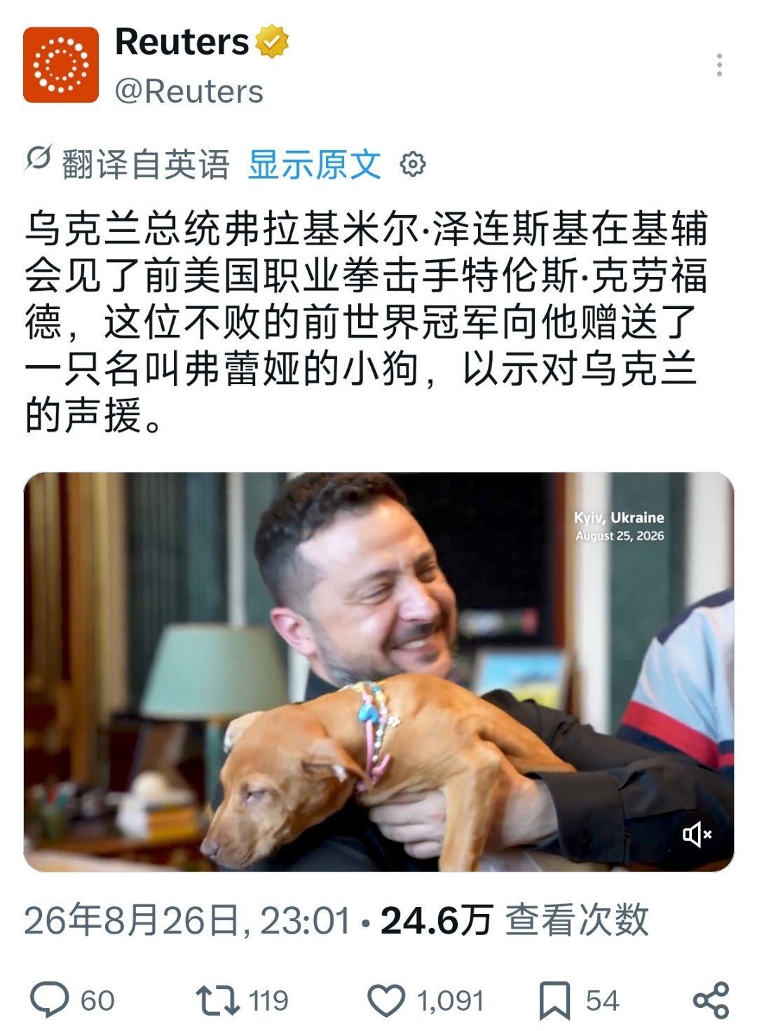 路透社报道，泽连斯基在基辅会见美国不败拳击冠军特伦斯·克劳福德，后者赠送了一只名为弗雷娅的美国比特犬