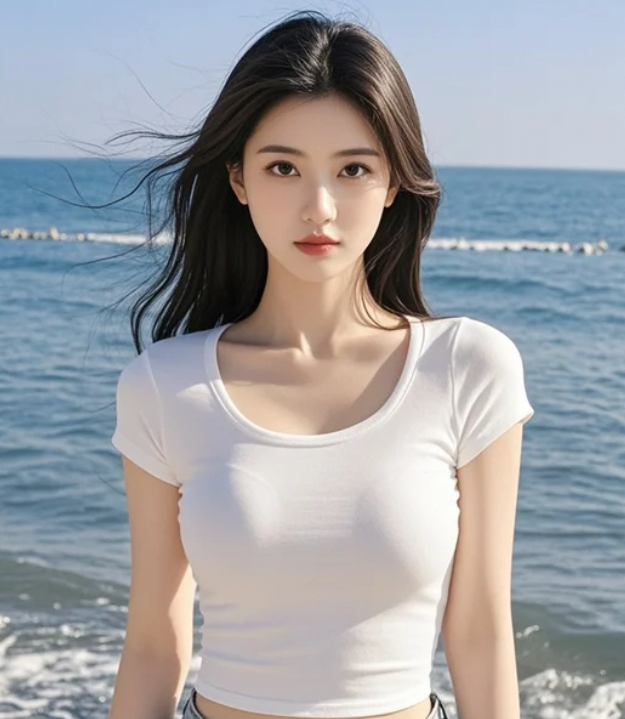 她迎着阳光走向大海，身影美得令人心动