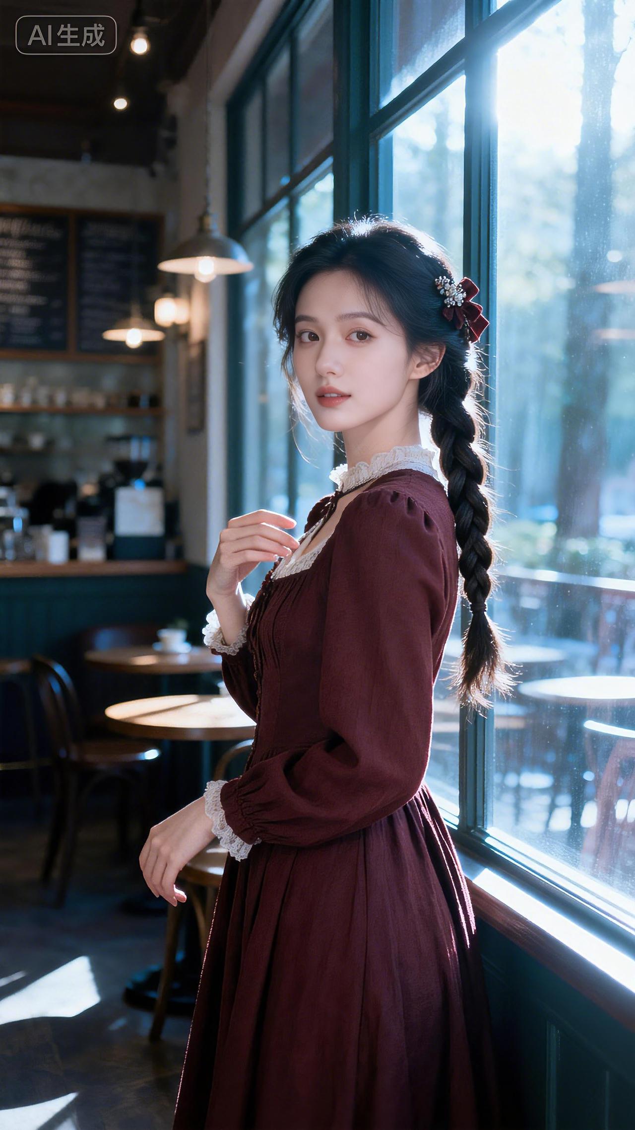 窗边光影织麻辫，栗色长裙咖啡甜。
