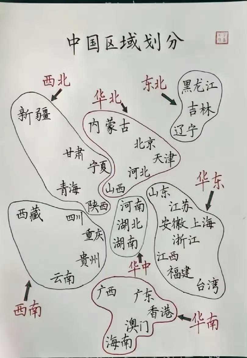 中国区域这样划分，一目了然，清晰到位。有地理知识，区域划分知识。​​​