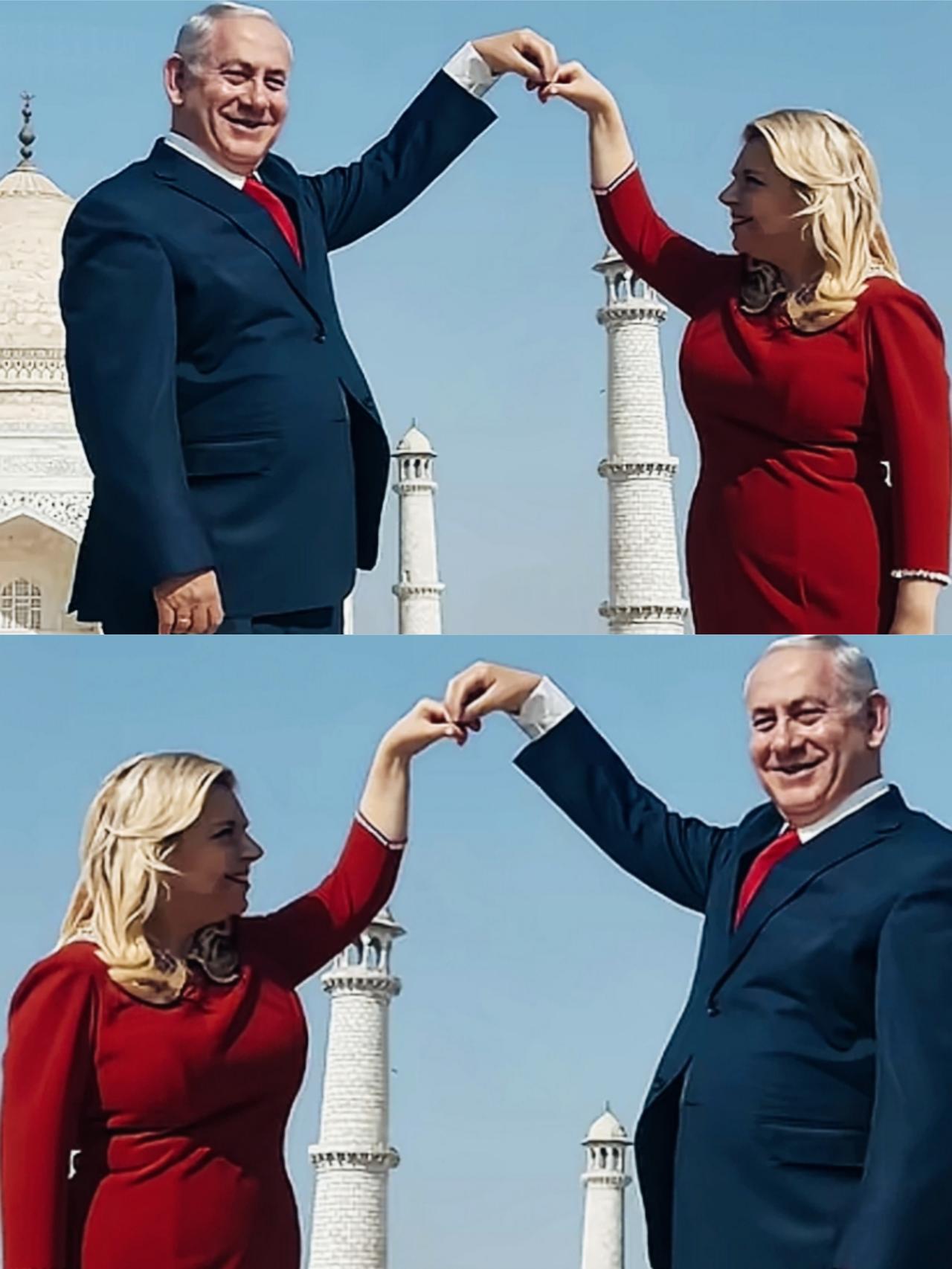 内塔尼亚胡和妻子两人的手型保持的还挺一致，挺默契啊！妻子深情的望向满脸笑容的内