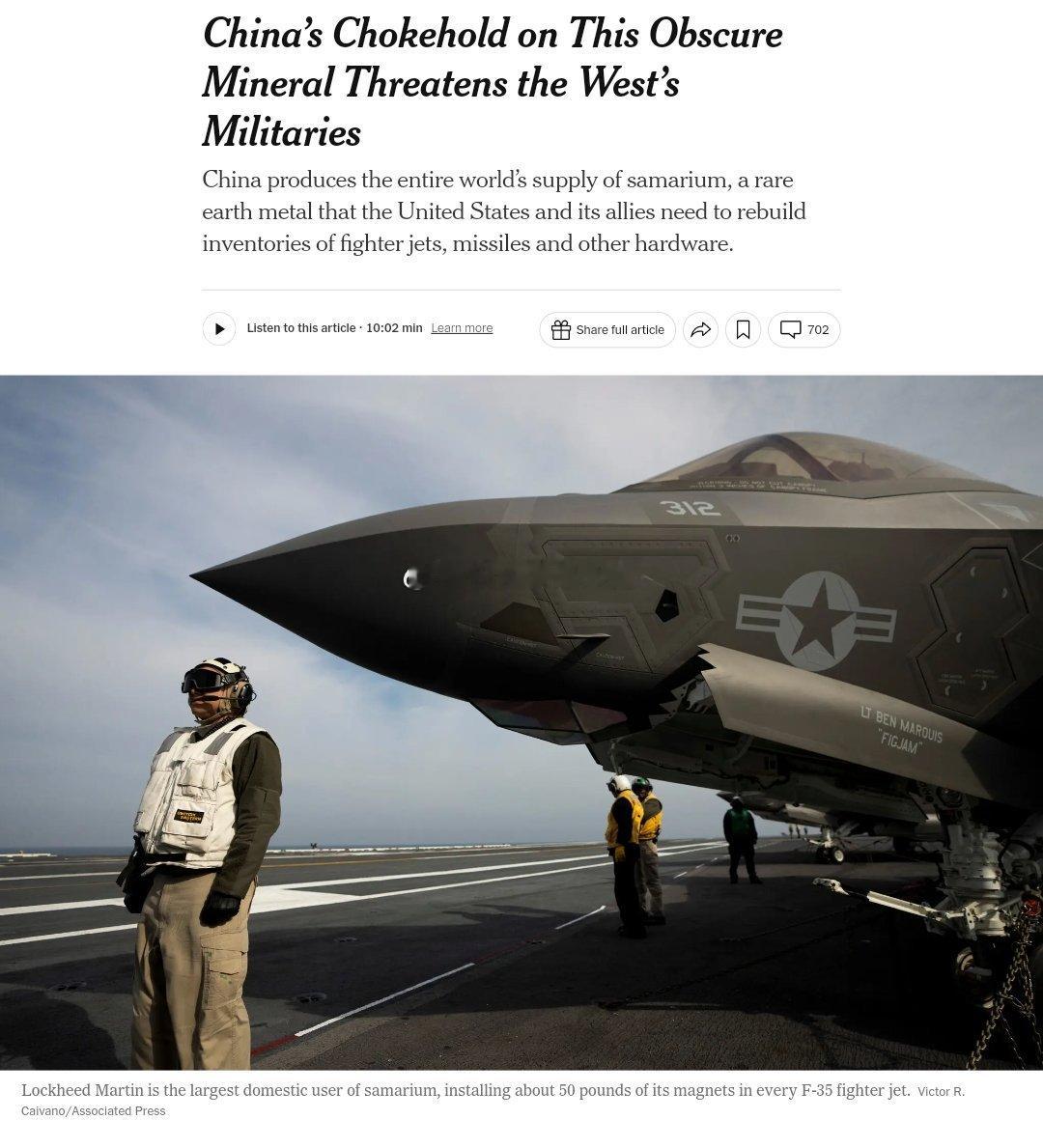 美国F-35战斗机所需稀土钐都产自中国6月9日《纽约时报》报道，十多年来，美国