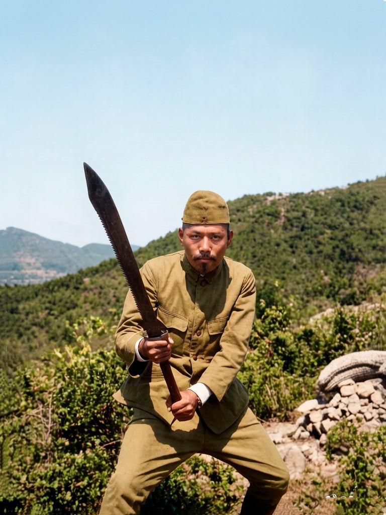 抗战时期，一个鬼子兵反戴着军帽，手握着一柄大刀，摆出一副凶狠的姿态。这把大刀