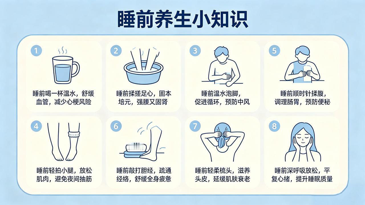 睡前养生小知识1、睡前喝一杯温水，舒缓血管，减少心梗风险！2、睡前揉搓